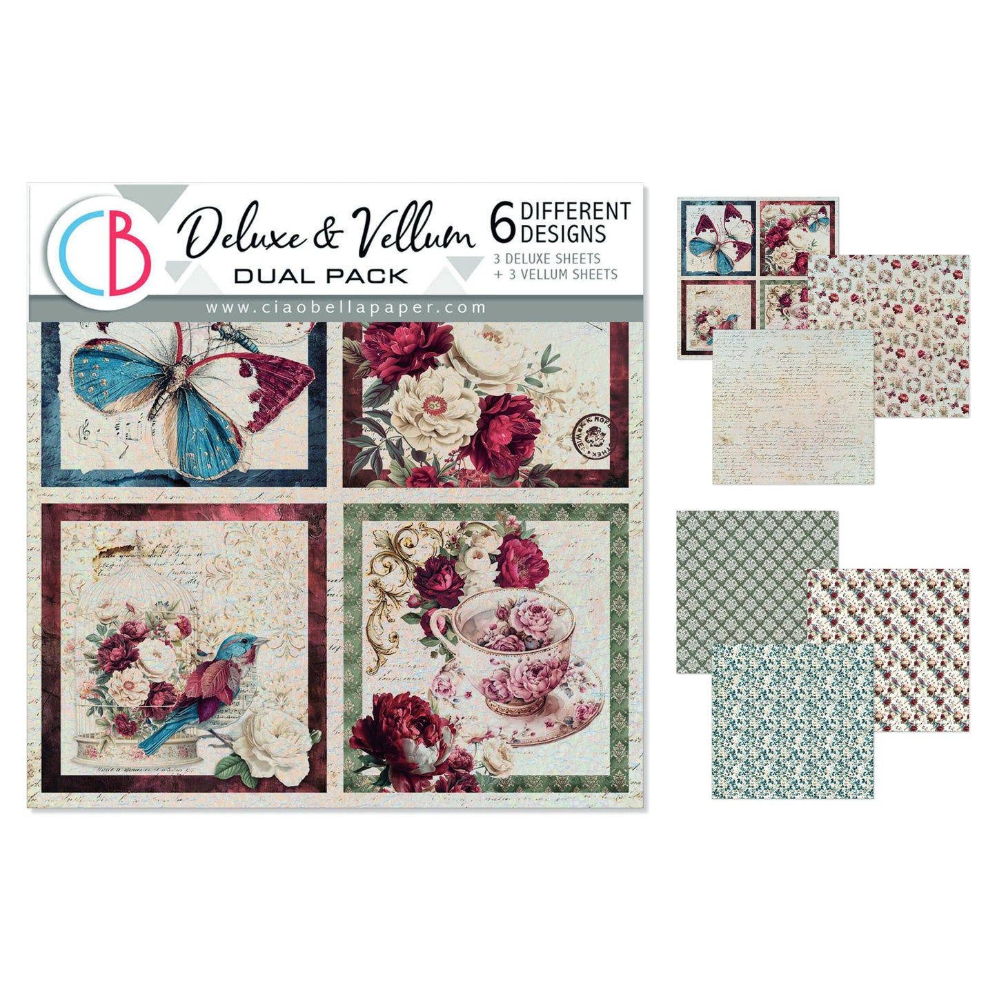 Ciao Bella Bohemian Burgundy 6x6 Inch Deluxe Paper Silver & Vellum Dual Pack Mixed (6pcs)