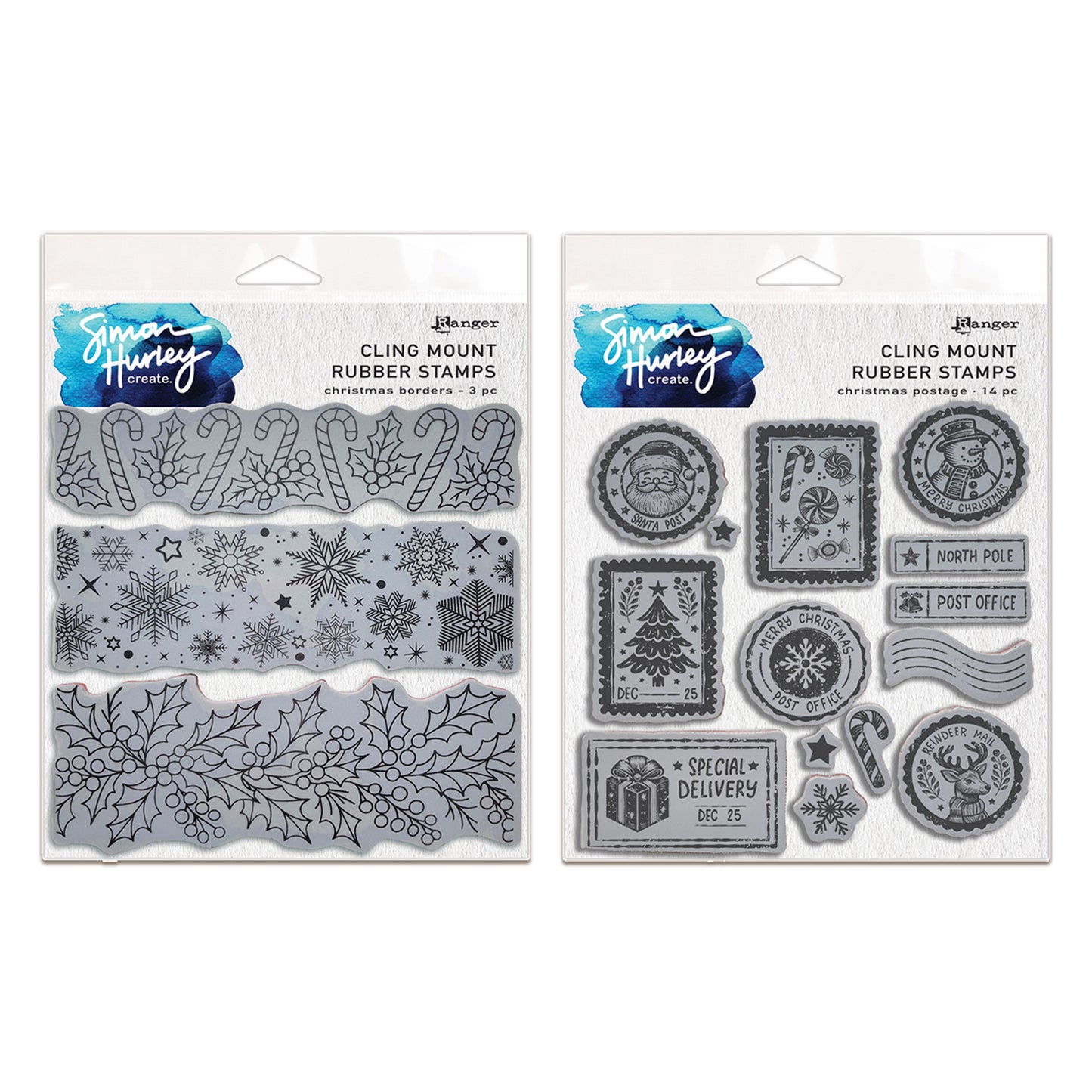 Ranger Simon Hurley create. Cling Mount Stamp 6x6" Bundle - Christmas Postage & Borders