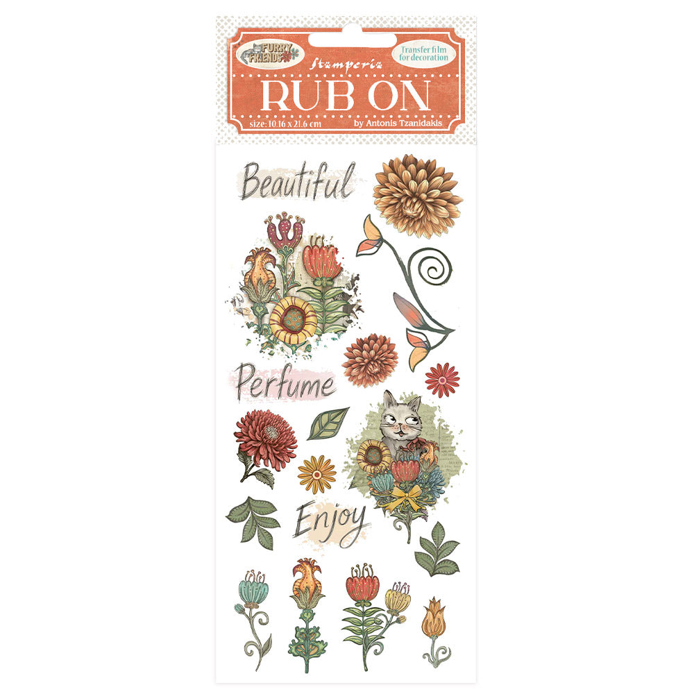 Stamperia Furry Friends Rub-On 4x8,5 Inch Flowers