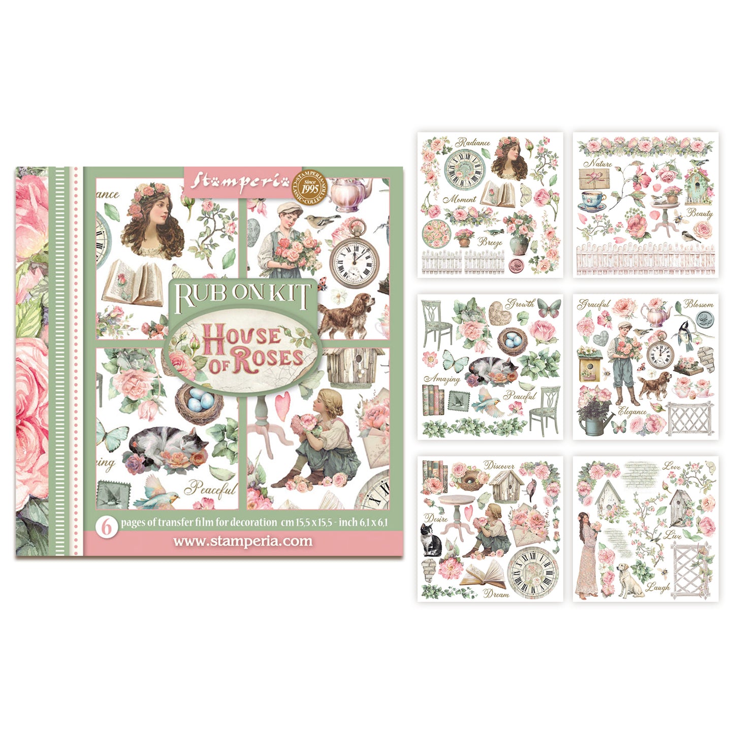 Stamperia House of Roses Rub-On 15,5x15,5cm Assortment (6pcs) (DFLRBX13)