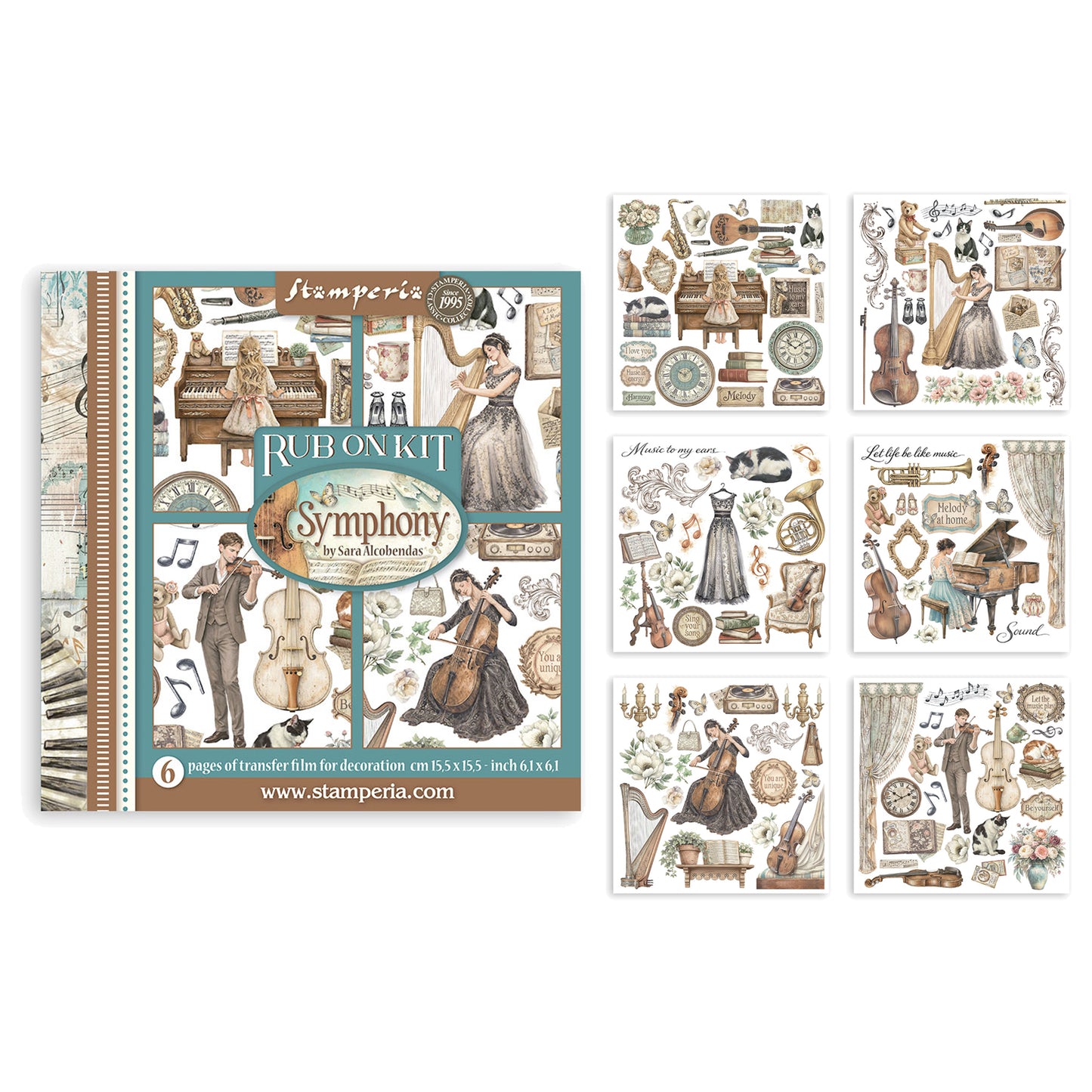 Stamperia Symphony Rub-On 15,5x15,5cm Assortment (6pcs) by Sara Alcobendas