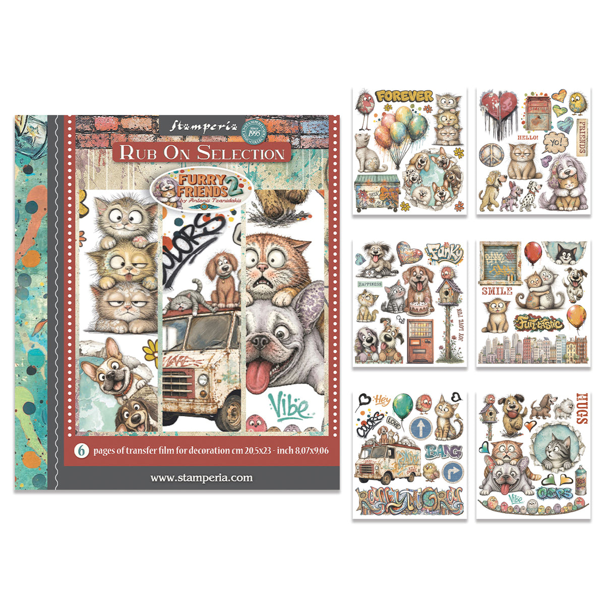 Stamperia Furry Friends 2 Rub-On 20,5x23cm Assortment (6pcs) by Antonis Tzanidakis Preorder*
