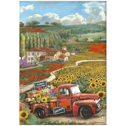 Stamperia A4 Rice Paper Sunflower Art Vintage Car