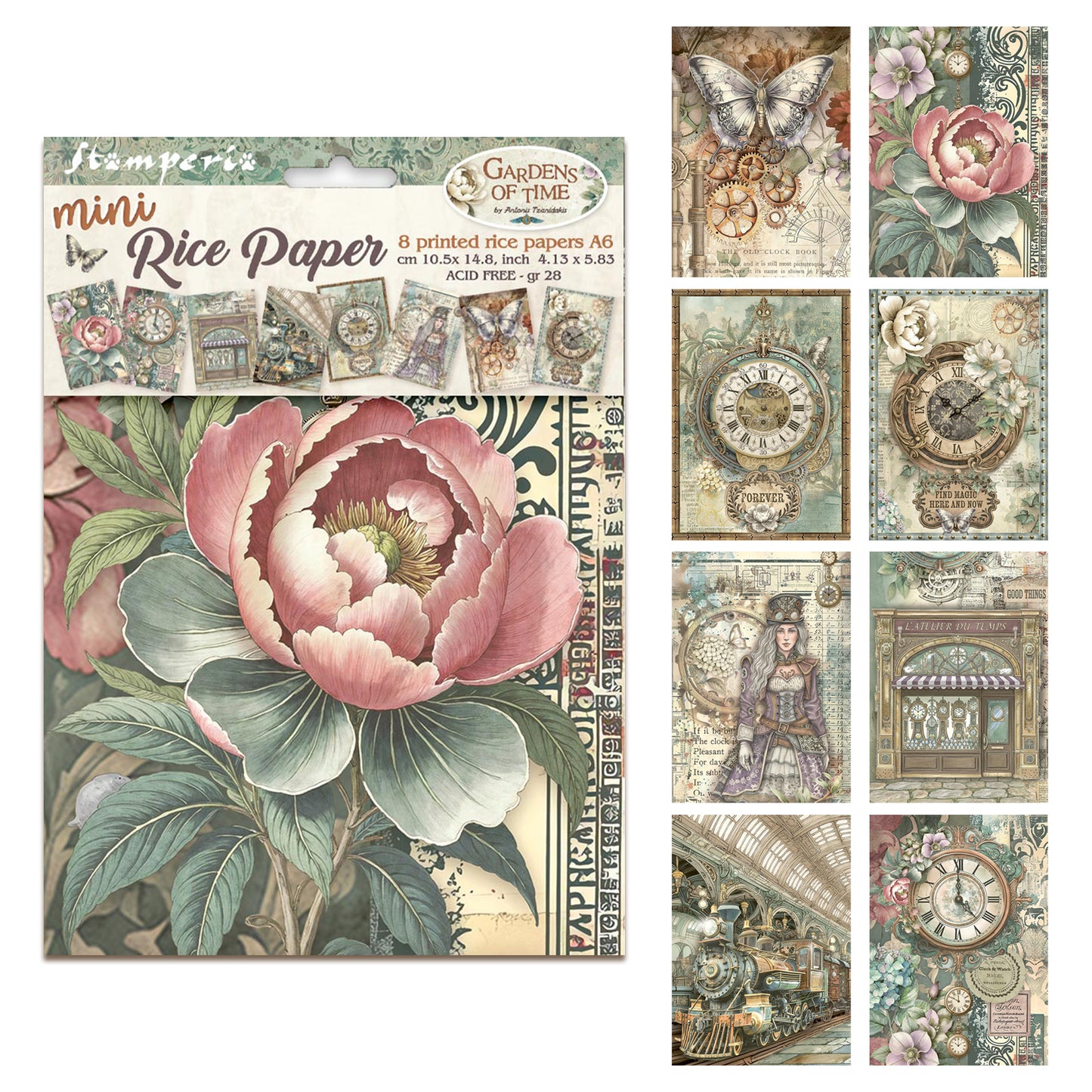 Stamperia Gardens of Time A6 Mini Rice Paper (8pcs) (DFSA6X05)