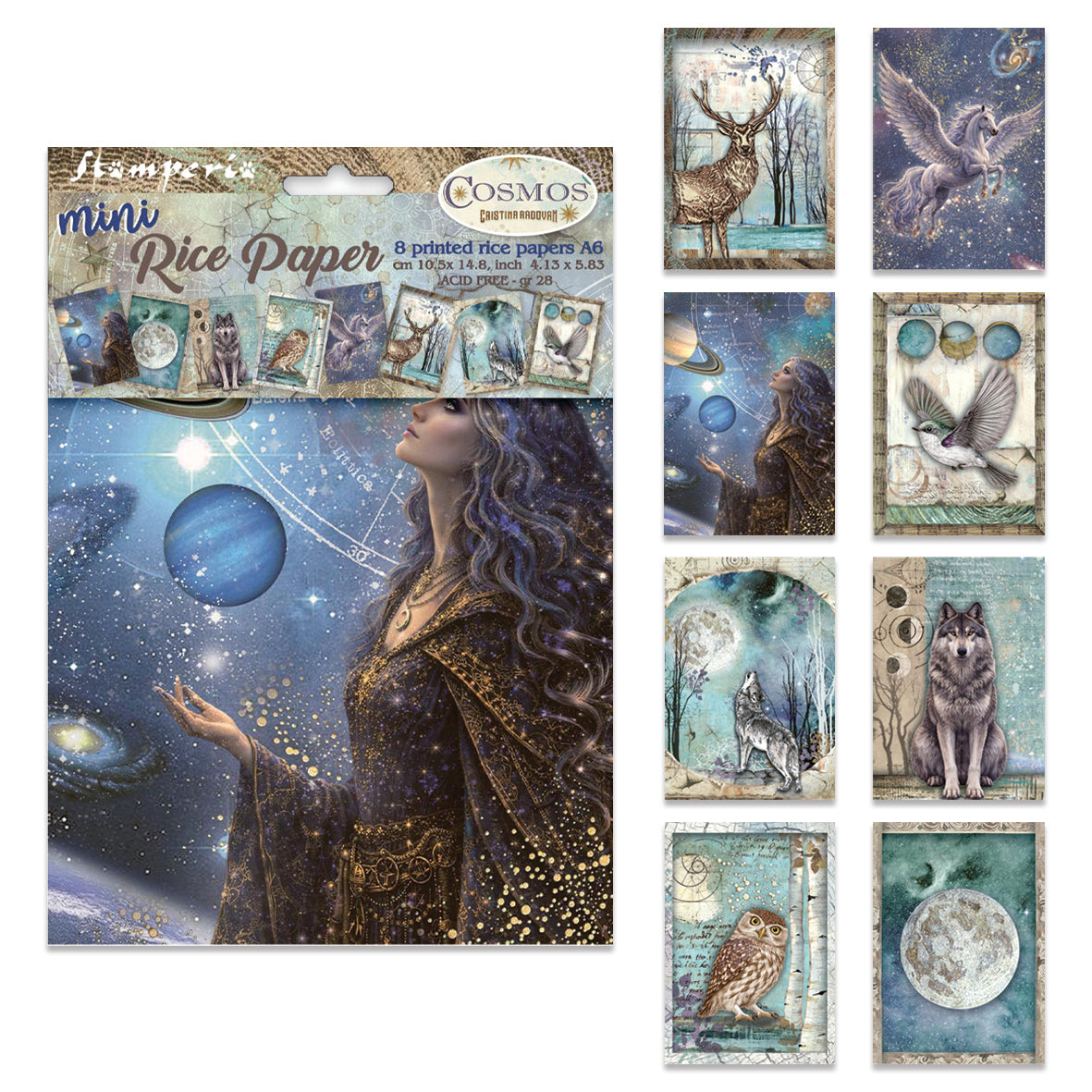 Stamperia Cosmos A6 Mini Rice Paper Selection (8pcs) by Cristina Radovan Preorder*