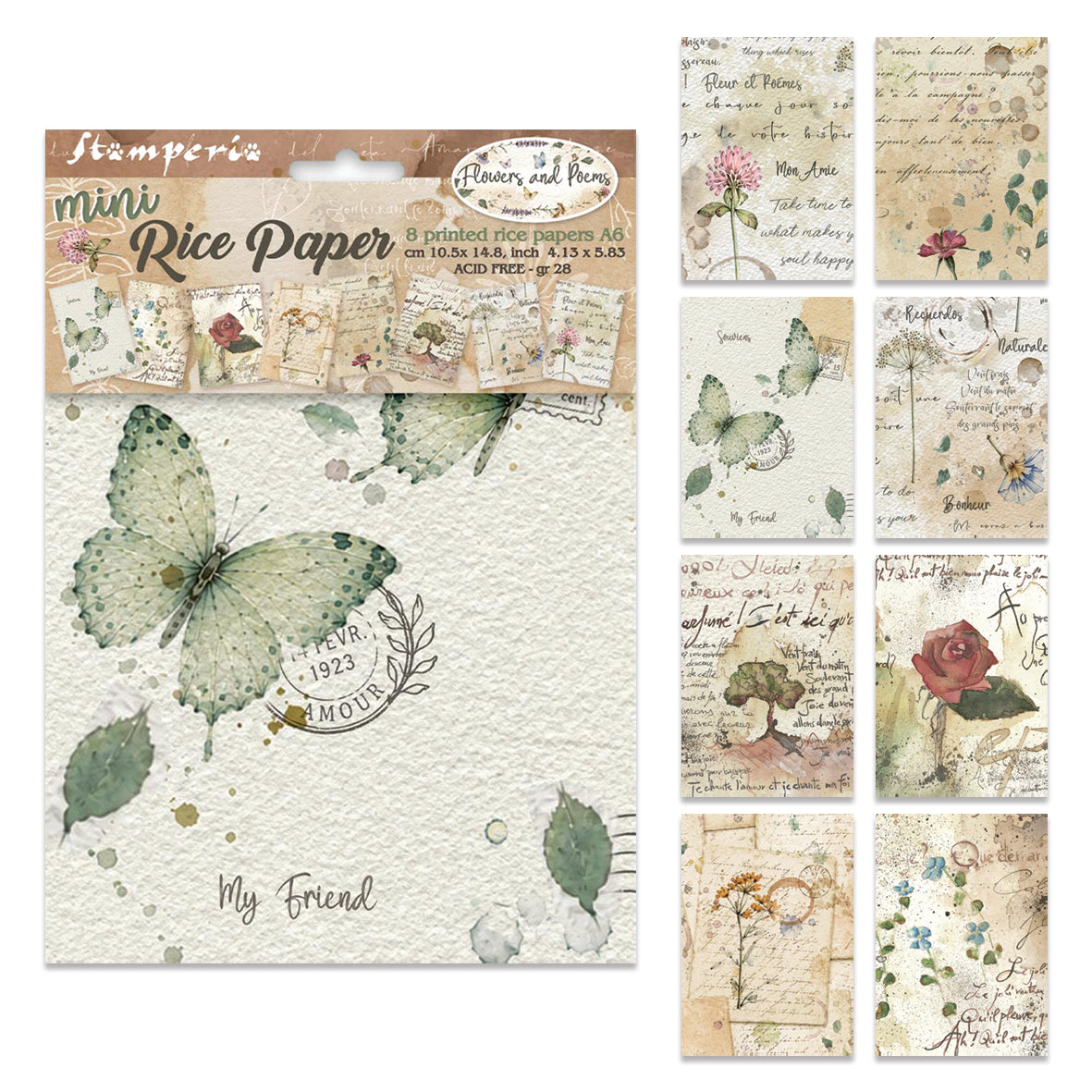 Stamperia Flowers and Poems A6 Mini Rice Paper Selection (8pcs)