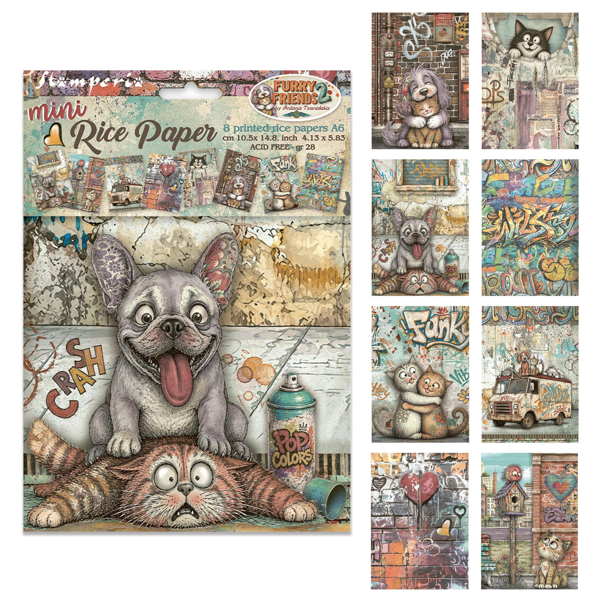 Stamperia Furry Friends 2 A6 Mini Rice Paper Selection (8pcs) by Antonis Tzanidakis