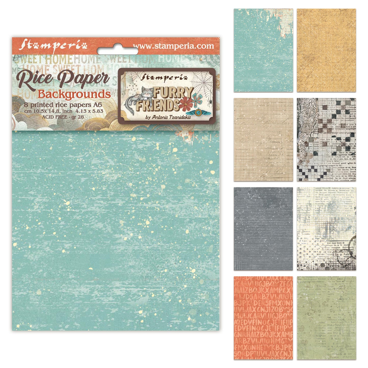 Stamperia Furry Friends A6 Rice Paper Backgrounds (8pcs)