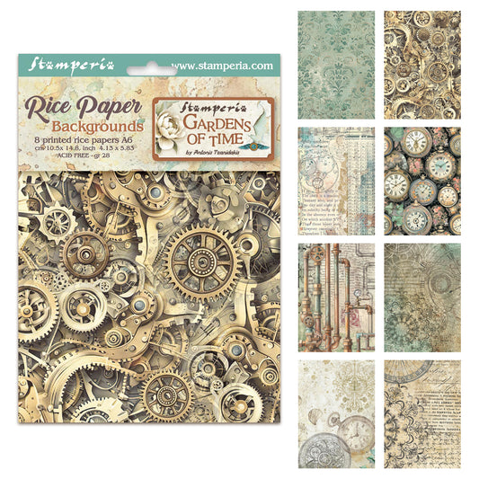 Stamperia Gardens of Time A6 Rice Paper Backgrounds Selection (8pcs) (DFSAK6053)