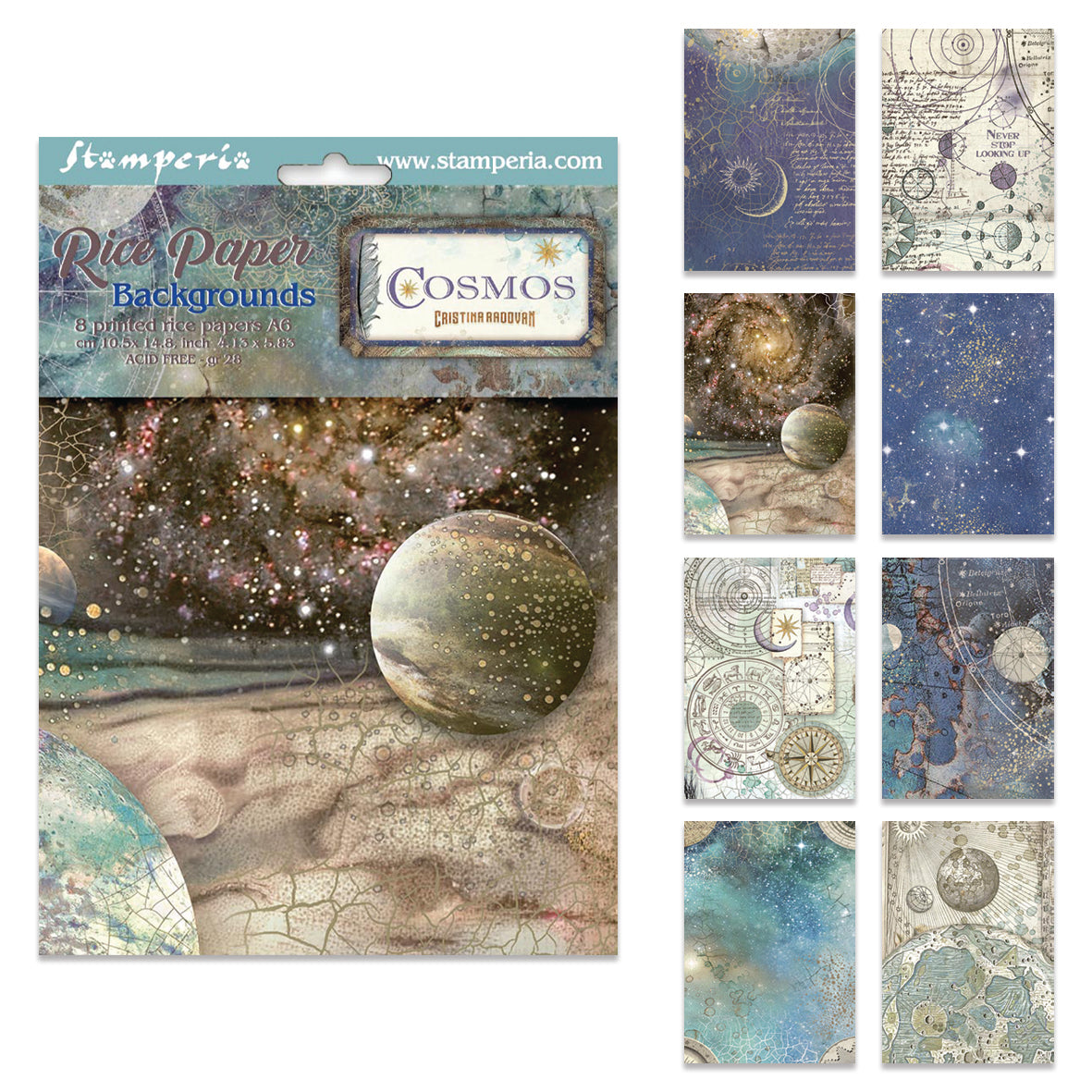 Stamperia Cosmos A6 Rice Paper Backgrounds Selection (8pcs) by Cristina Radovan
