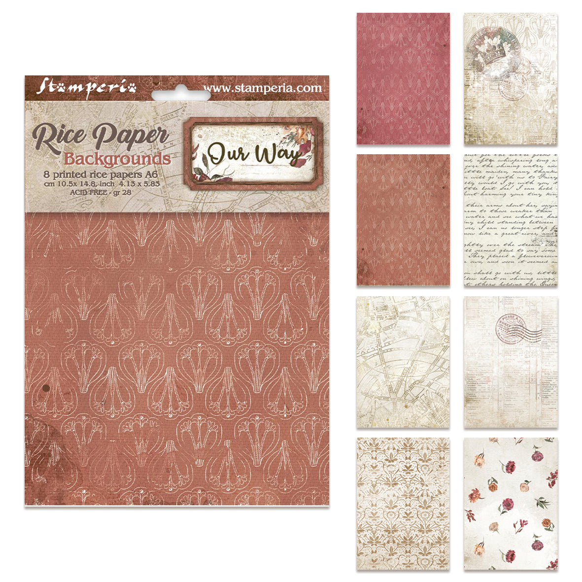 Stamperia Our Way A6 Rice Paper Backgrounds Selection (8pcs)
