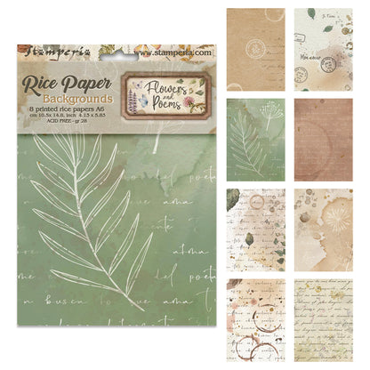 Stamperia Flowers and Poems A6 Rice Paper Backgrounds Selection (8pcs)