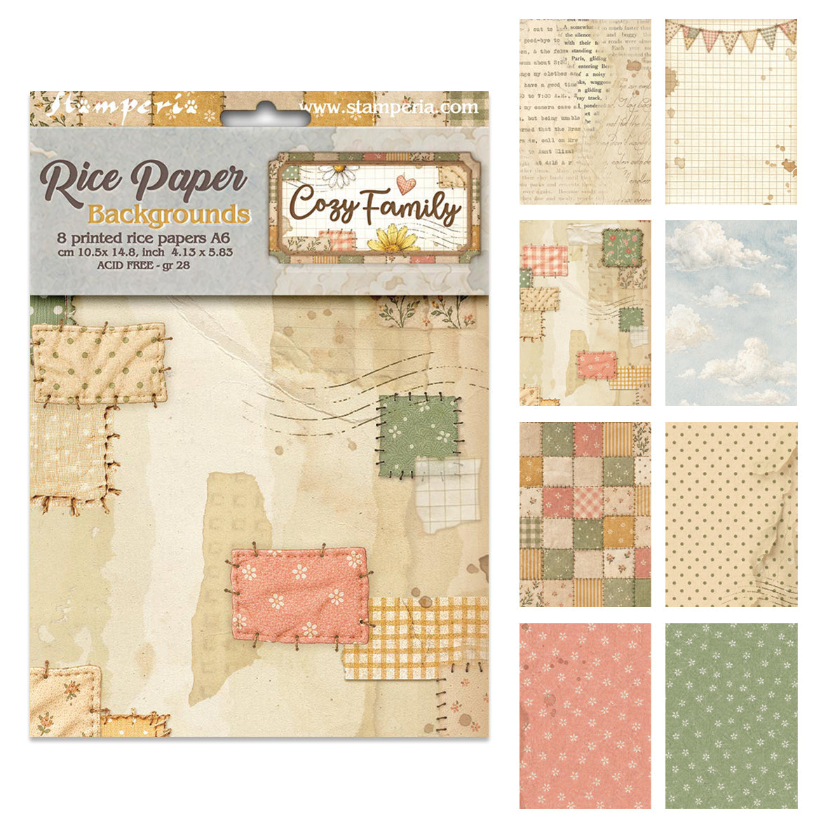 Stamperia CozyFamily A6 Rice Paper Backgrounds Selection (8pcs)