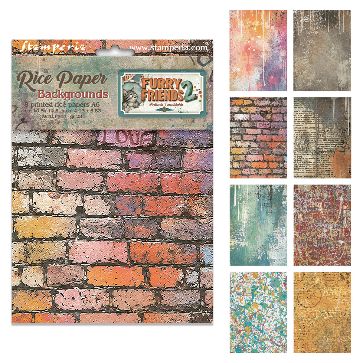 Stamperia Furry Friends 2 A6 Rice Paper Backgrounds Selection (8pcs) by Antonis Tzanidakis Preorder*