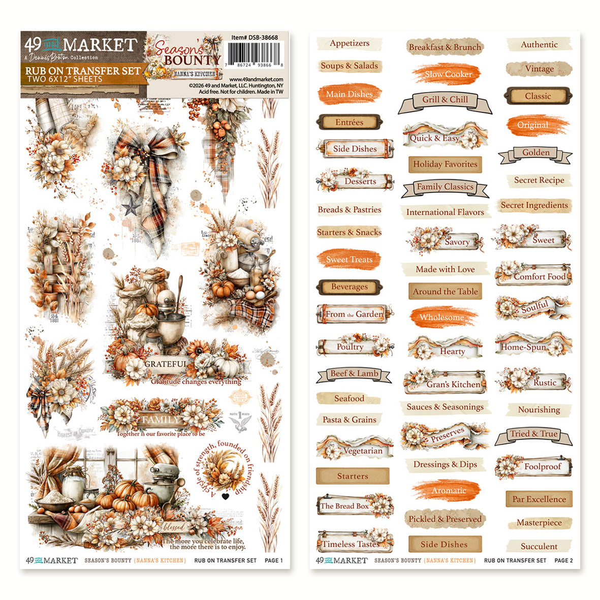 49 And Market Season's Bounty 6 x12 Nanna's Kitchen Rub-on Transfer Set