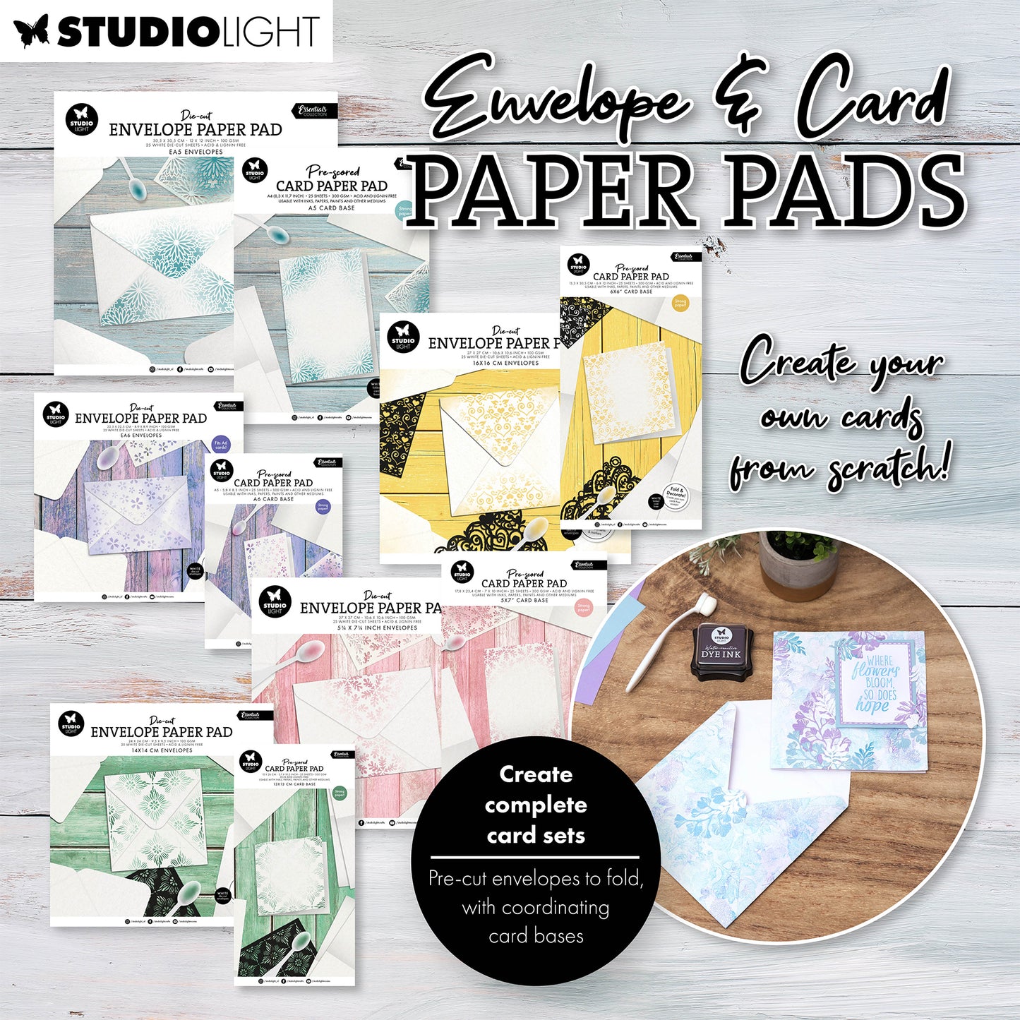 Studio Light Card Paper Pad pre-scored white cards + Envelopes Essentials Bundle