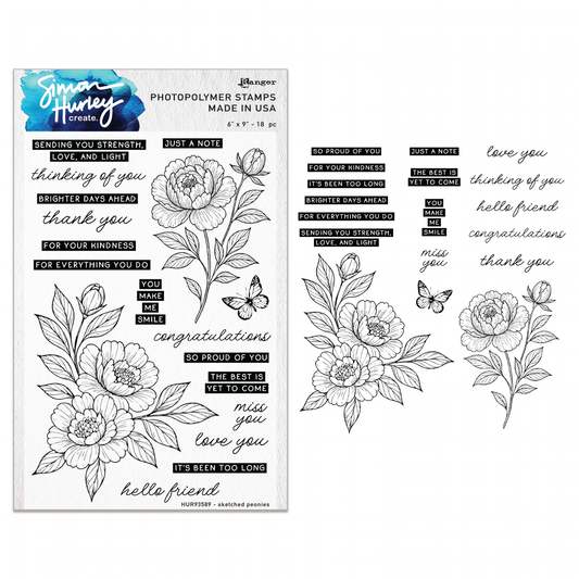 Ranger Simon Hurley create. Photopolymer Stamps (6" x 9") Sketched Peonies