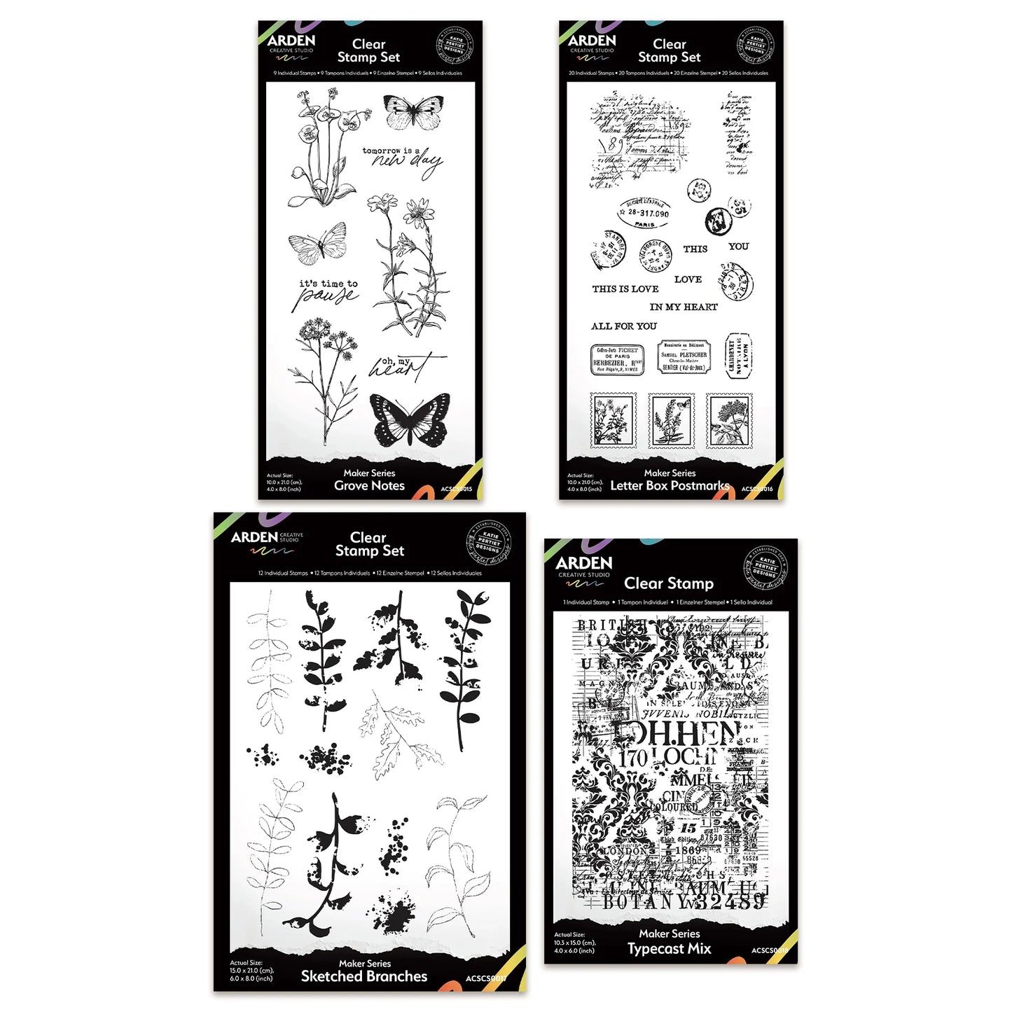 Arden Creative Studio Maker Series Stamp Bundle - Grove Notes, Letter Box Postmarks, Sketched Branches & Typecast Mix
