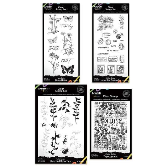 Arden Creative Studio Maker Series Stamp Bundle - Grove Notes, Letter Box Postmarks, Sketched Branches & Typecast Mix