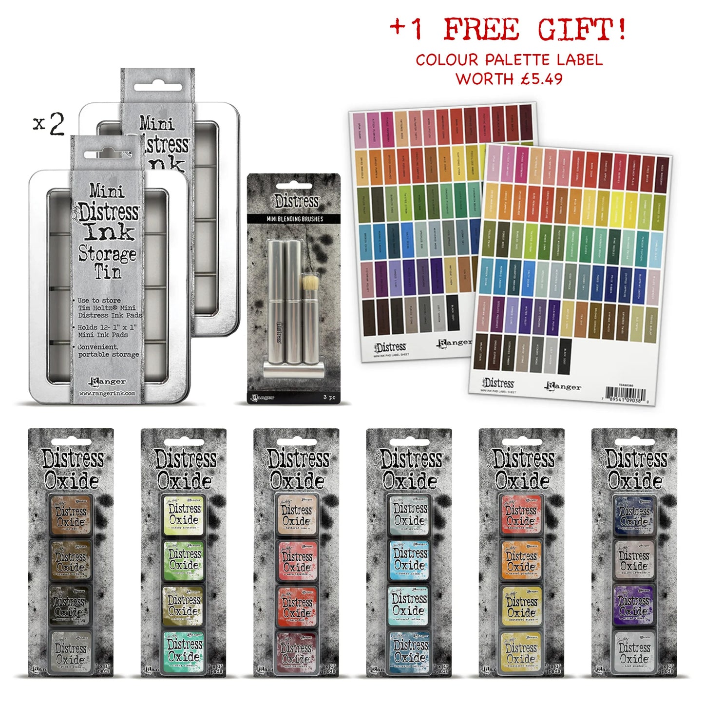 Ranger Tim Holtz Distress® Mini Oxide Ink Pads - Kits 13-18 with 2 Storage Tins & 3 Brushes + Free Mini Ink Pad Labels