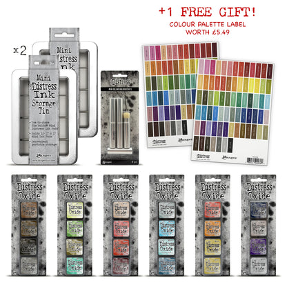 Ranger Tim Holtz Distress® Mini Oxide Ink Pads - Kits 13-18 with 2 Storage Tins & 3 Brushes + Free Mini Ink Pad Labels