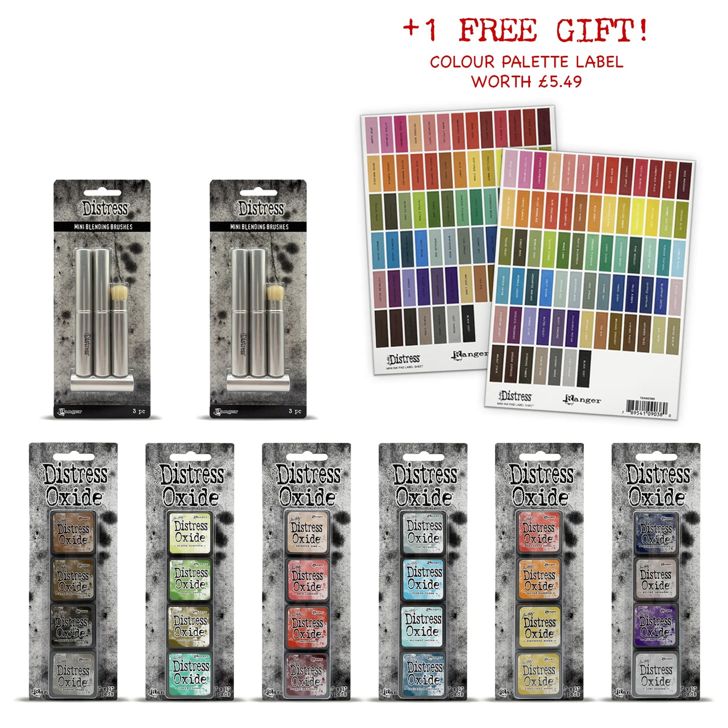 Ranger Tim Holtz Distress® Mini Oxide Ink Pads - Kits 13-18 with 6 Brushes + Free Mini Ink Pad Labels