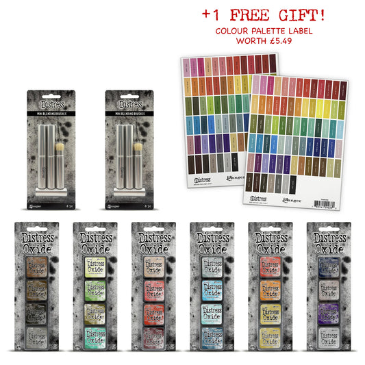 Ranger Tim Holtz Distress® Mini Oxide Ink Pads - Kits 13-18 with 6 Brushes + Free Mini Ink Pad Labels