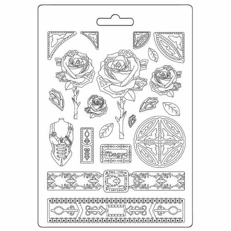 Stamperia Soft Mould A4 Sir Vagabond In Fantasy World Mechanical Rose And Borders