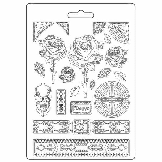 Stamperia Soft Mould A4 Sir Vagabond In Fantasy World Mechanical Rose And Borders