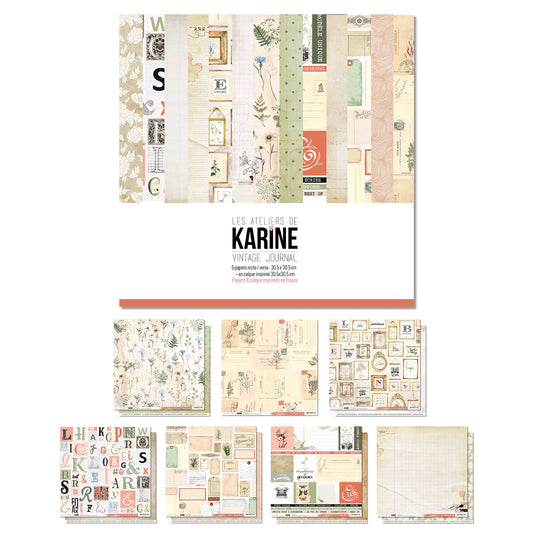 Les Ateliers De Karine Vintage Journal - Pack of 6 Printed Papers + 1 Acetate