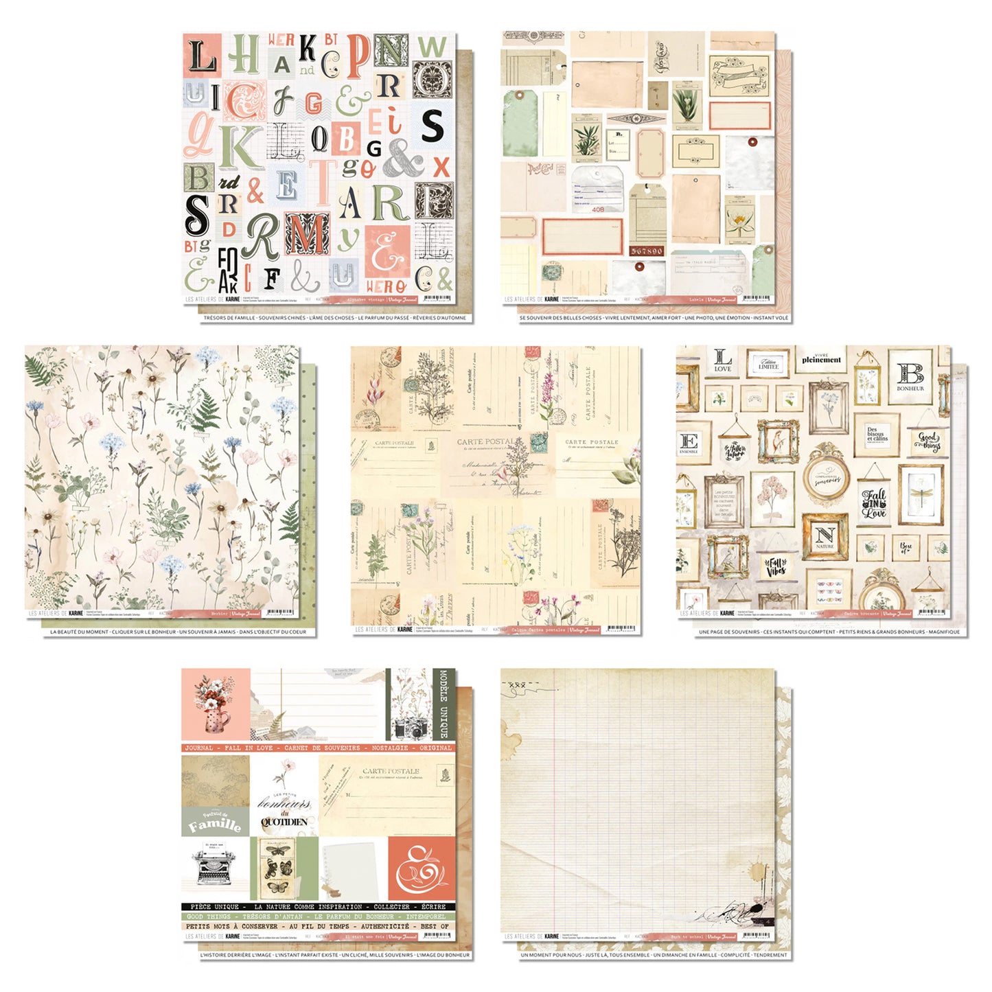 Les Ateliers De Karine Vintage Journal - Pack of 6 Printed Papers + 1 Acetate