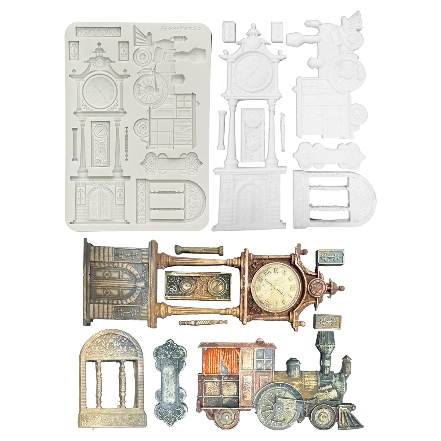 Stamperia Gardens of Time A5 Silicon Mould Train and Longcase Clock (KACMA609)