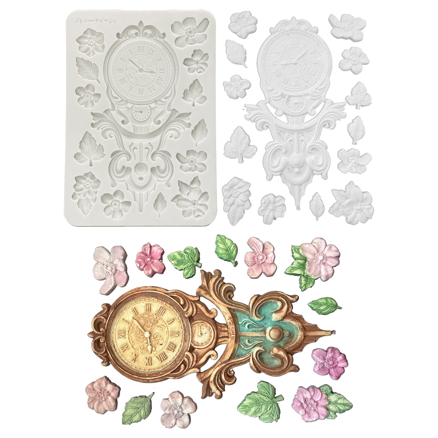 Stamperia Gardens of Time A5 Silicon Mould Clock and Flowers (KACMA610)