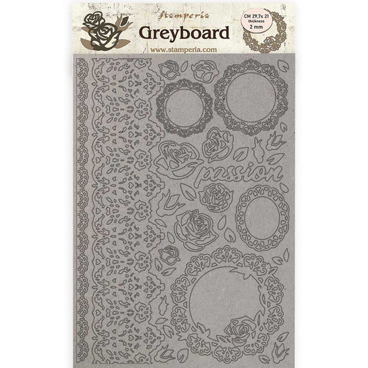 Stamperia A4 Greyboard /2 mm Passion Lace And Roses