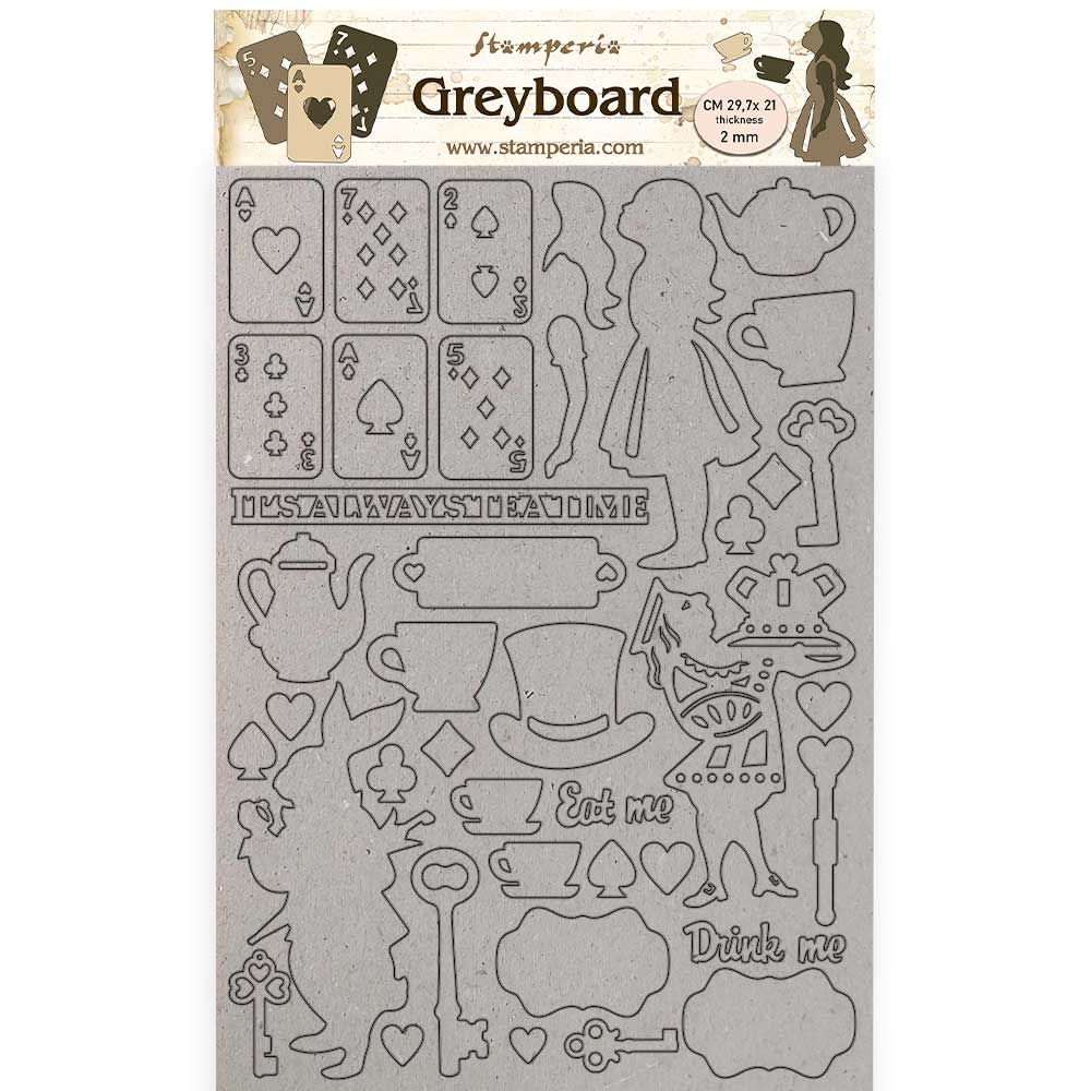Stamperia A4 Greyboard 2 mm Alice Elements