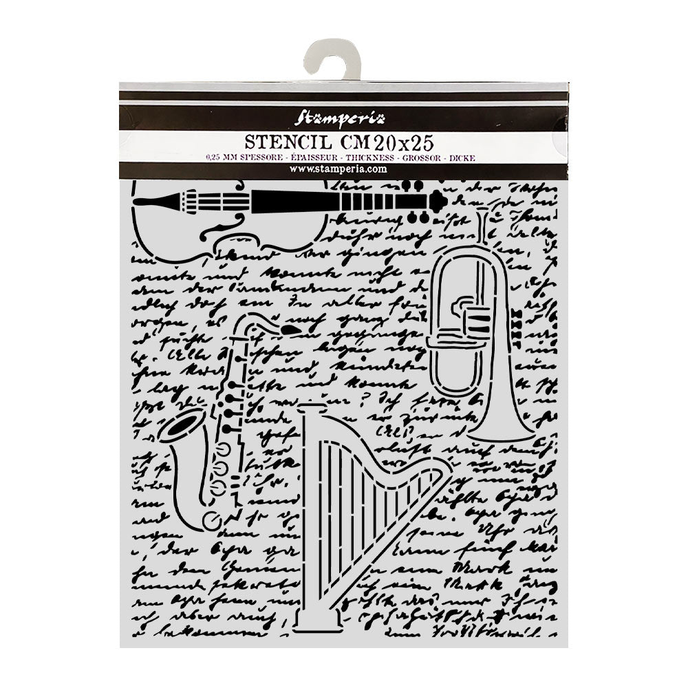Stamperia Symphony Thick Stencils 20x25cm Violin, Trumpet, Harp by Sara Alcobendas