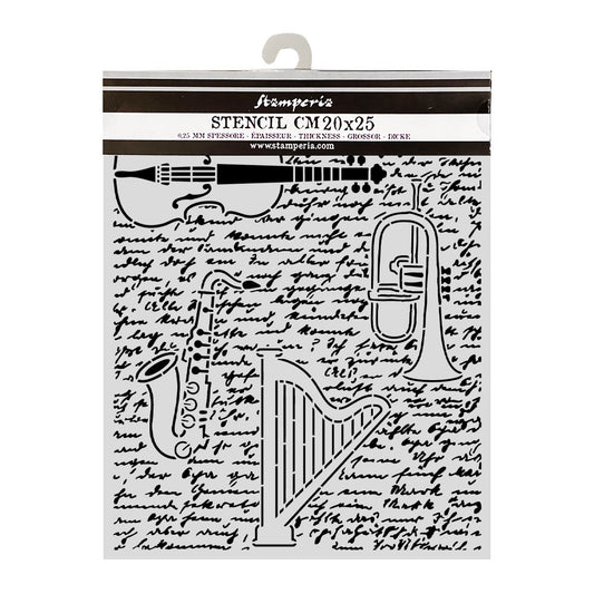 Stamperia Symphony Thick Stencils 20x25cm Violin, Trumpet, Harp by Sara Alcobendas