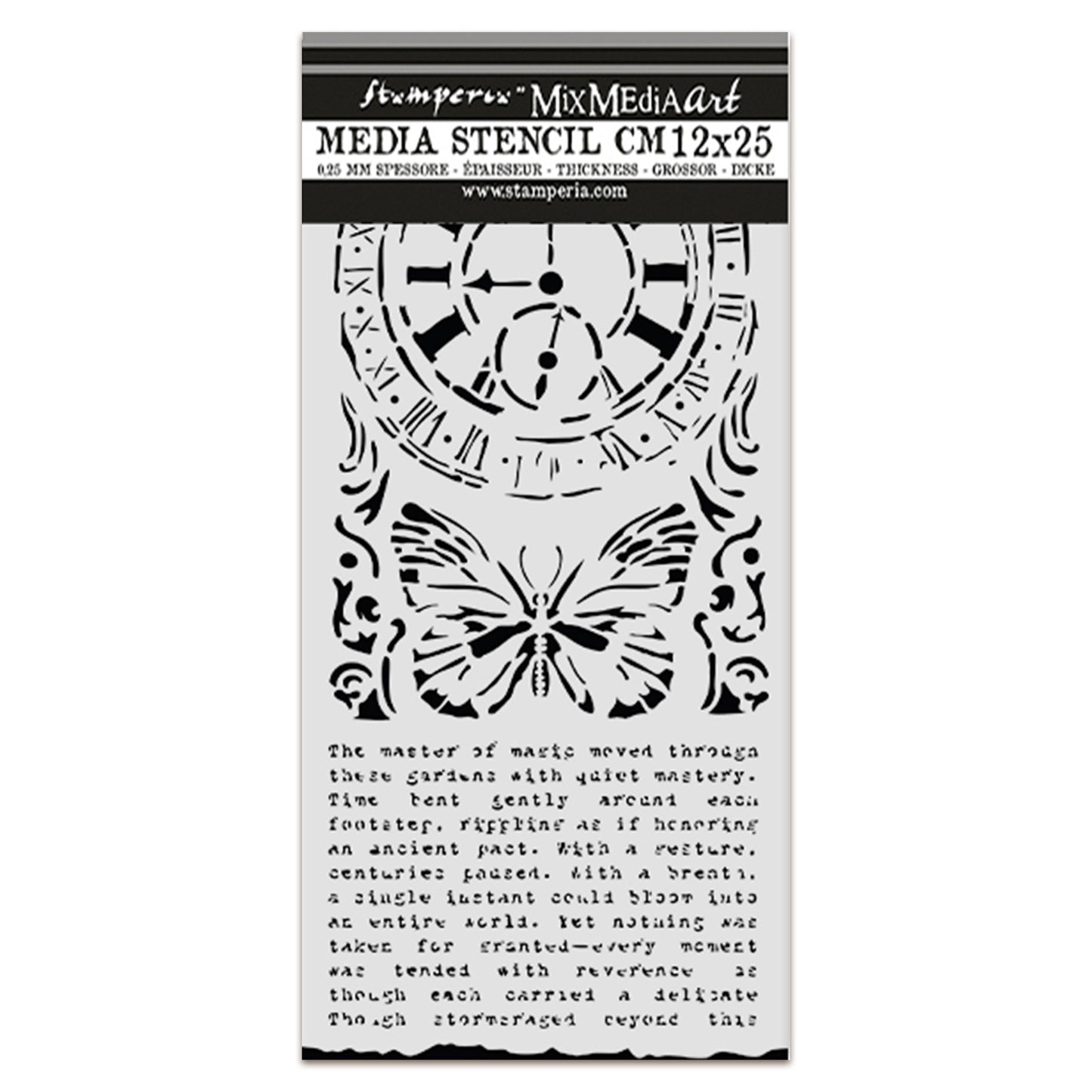 Stamperia Gardens of Time Thick Stencil 12x25cm Clock and Butterfly (KSTDL158)