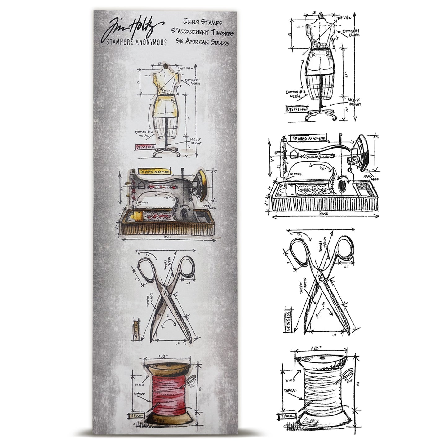 Stampers Anonymous Tim Holtz Mini Blueprints Strip Cling Stamps 3"X10" - Sewing