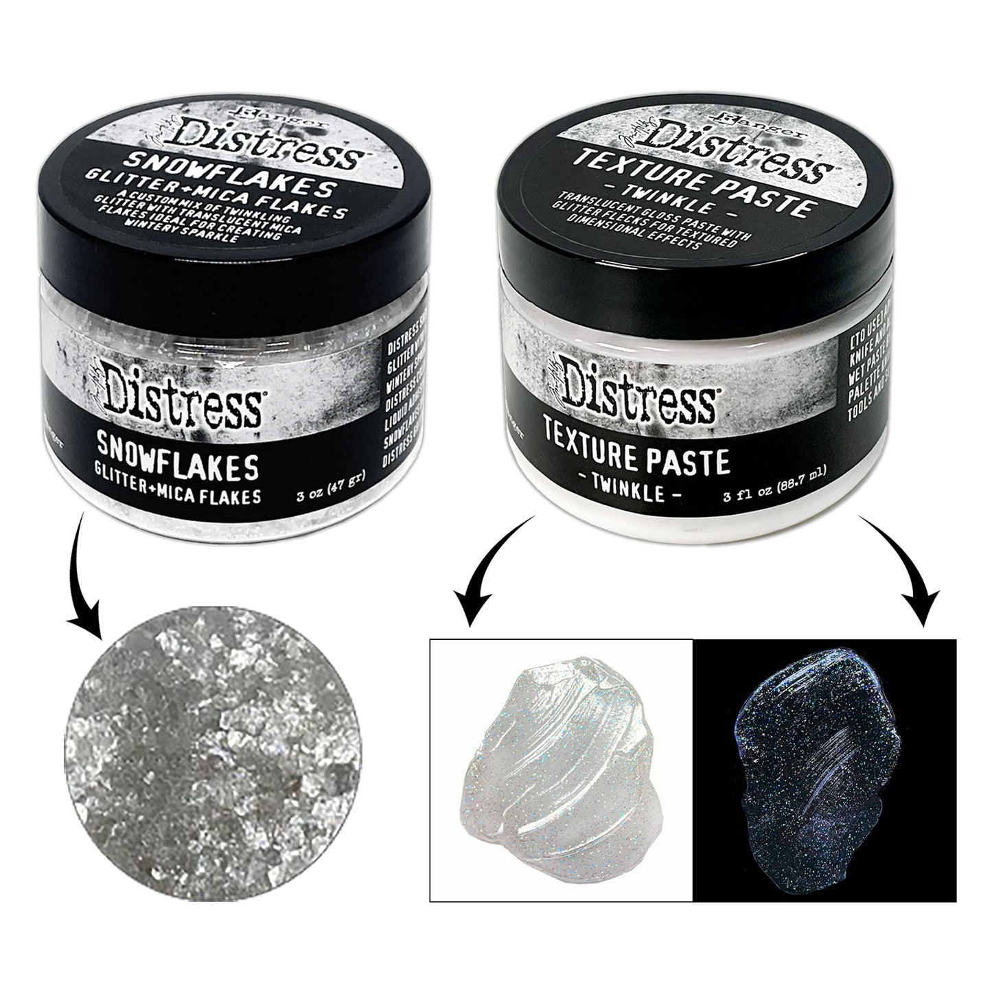 Ranger Tim Holtz® Distress Medium Bundle - Texture Paste Twinkle, Snowflakes, Grit Pastes Snowfall, Crypt & Glow