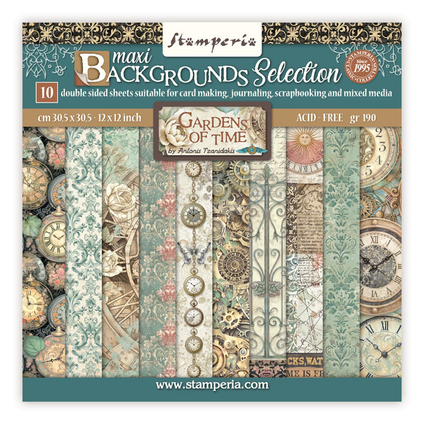 Stamperia Gardens of Time 12x12 Inch Paper Pack Maxi Background Selection (SBBL186)