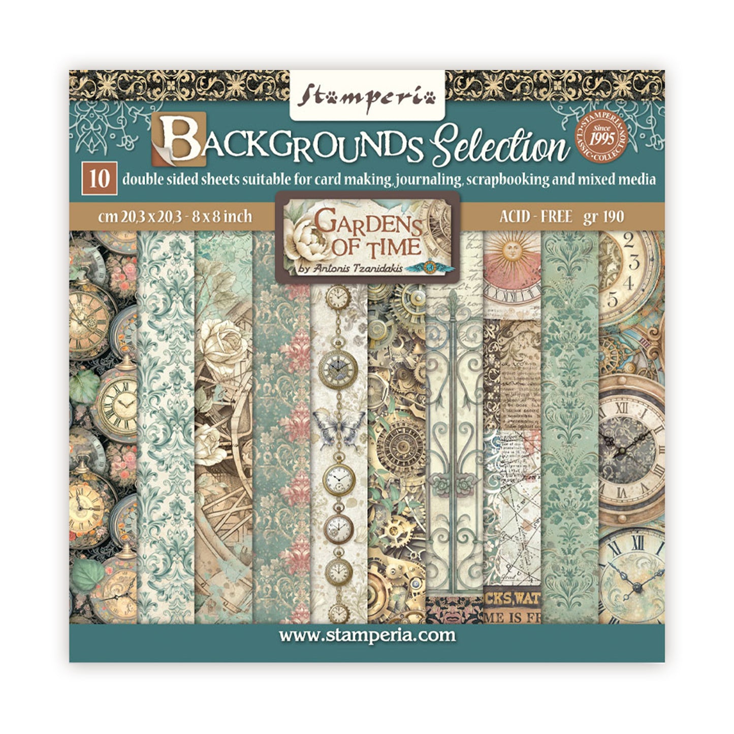 Stamperia Gardens of Time 8x8 Inch Paper Pack Maxi Background Selection (SBBS142)