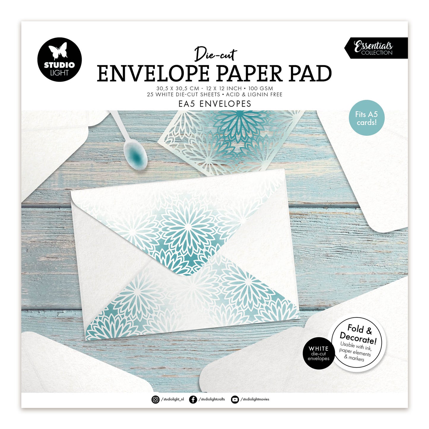 Studio Light Die-cut Paper Pad EA5 envelopes for A5 cards Essentials 305x305x7mm 25 Sheets