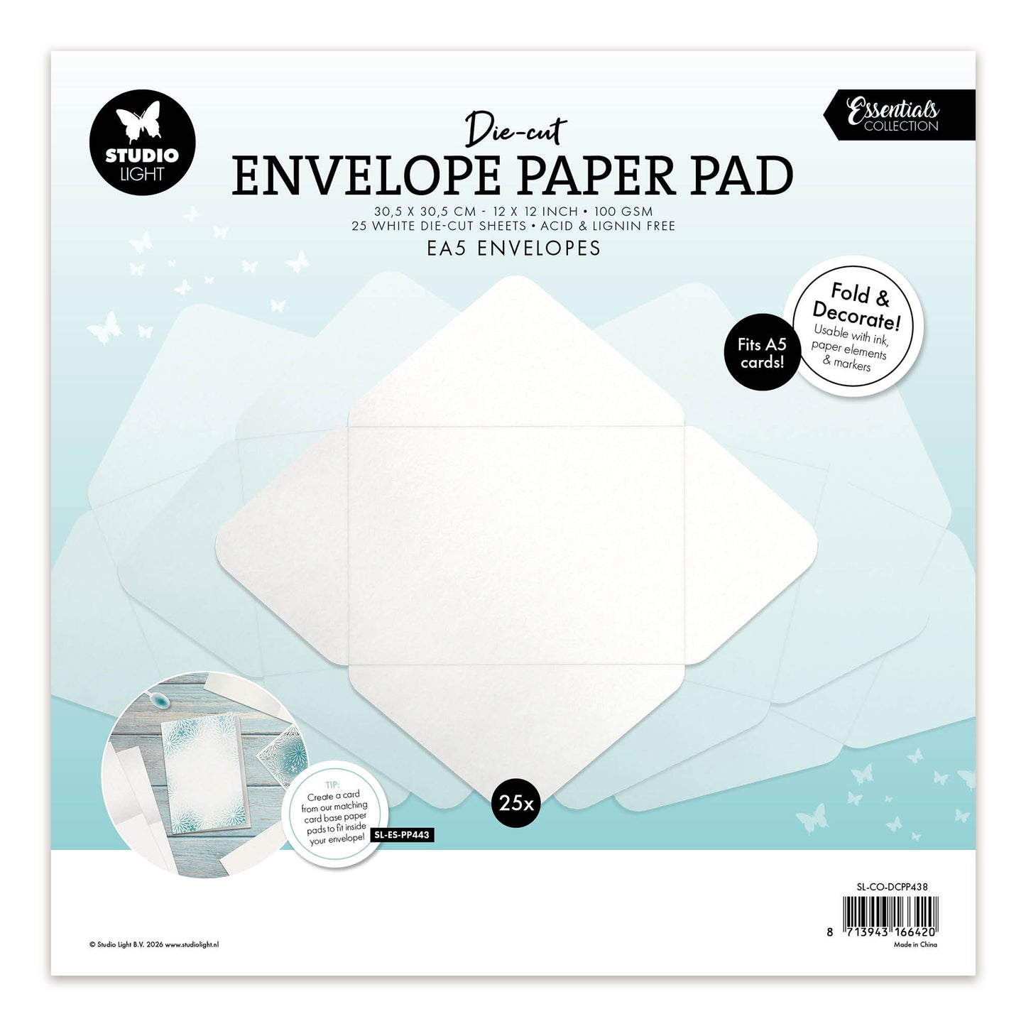 Studio Light Die-cut Paper Pad EA5 envelopes for A5 cards Essentials 305x305x7mm 25 Sheets