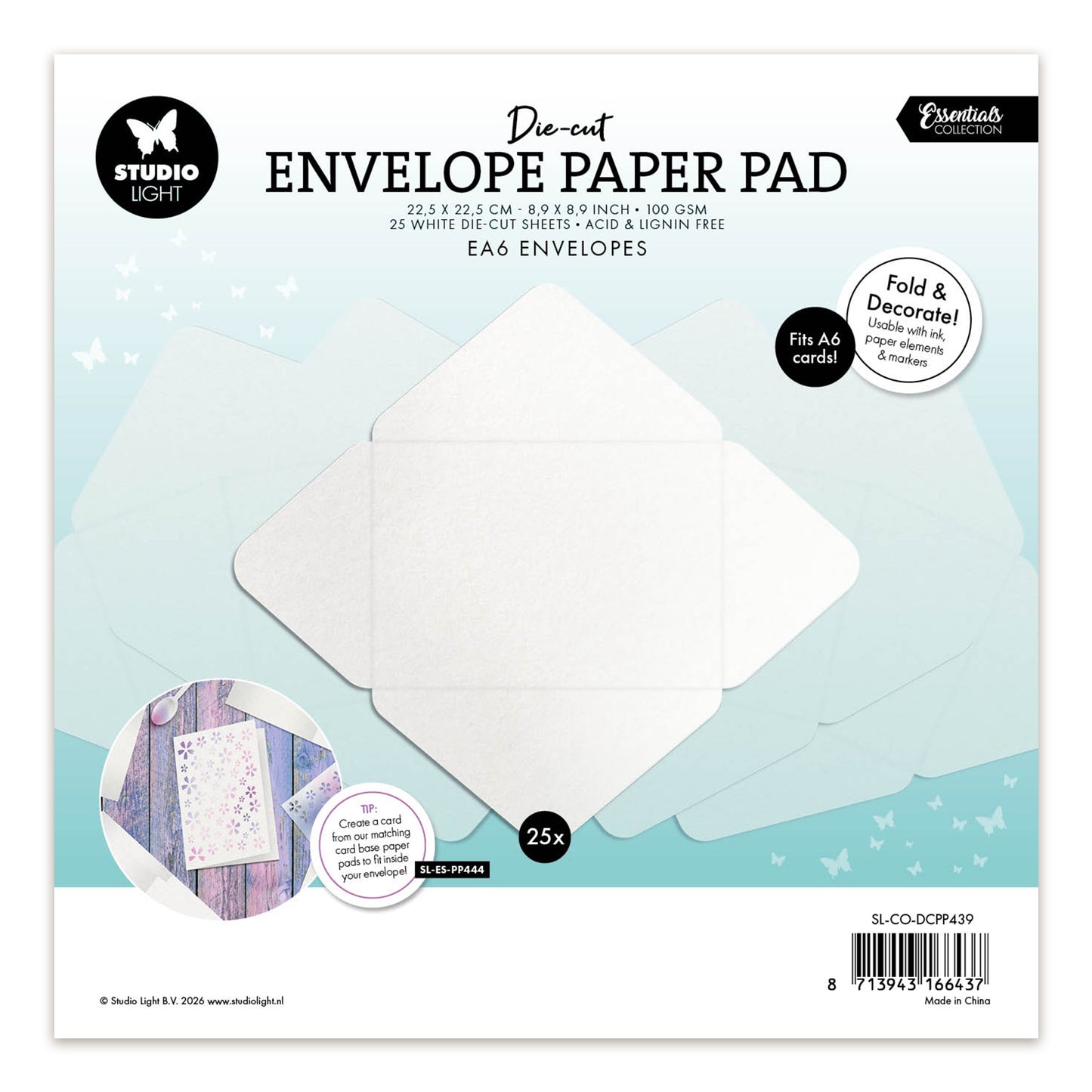 Studio Light Die-cut Paper Pad EA6 envelopes for A6 cards Essentials 225x225x7mm 25 Sheets