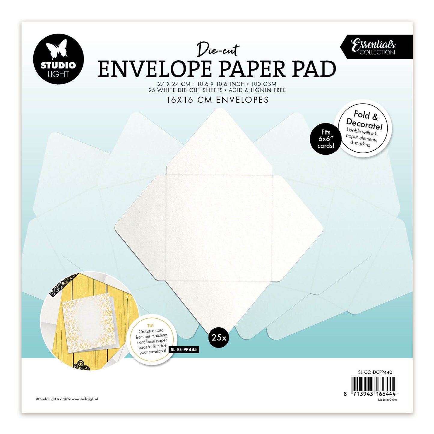 Studio Light Die-cut Paper Pad 16x16 cm envelopes for 6x6" cards Essentials 270x270x7mm 25 Sheets