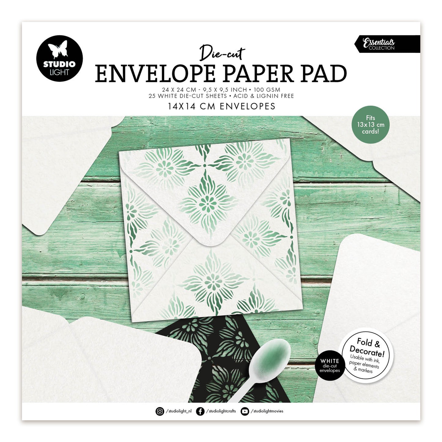 Studio Light Die-cut Paper Pad 14x14 cm envelopes for 13x13 cm cards Essentials 240x240x7mm 25 Sheets