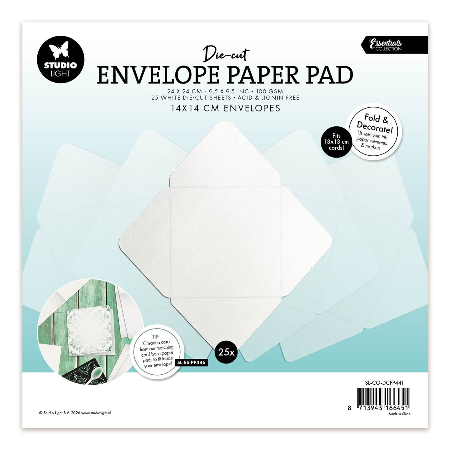 Studio Light Die-cut Paper Pad 14x14 cm envelopes for 13x13 cm cards Essentials 240x240x7mm 25 Sheets