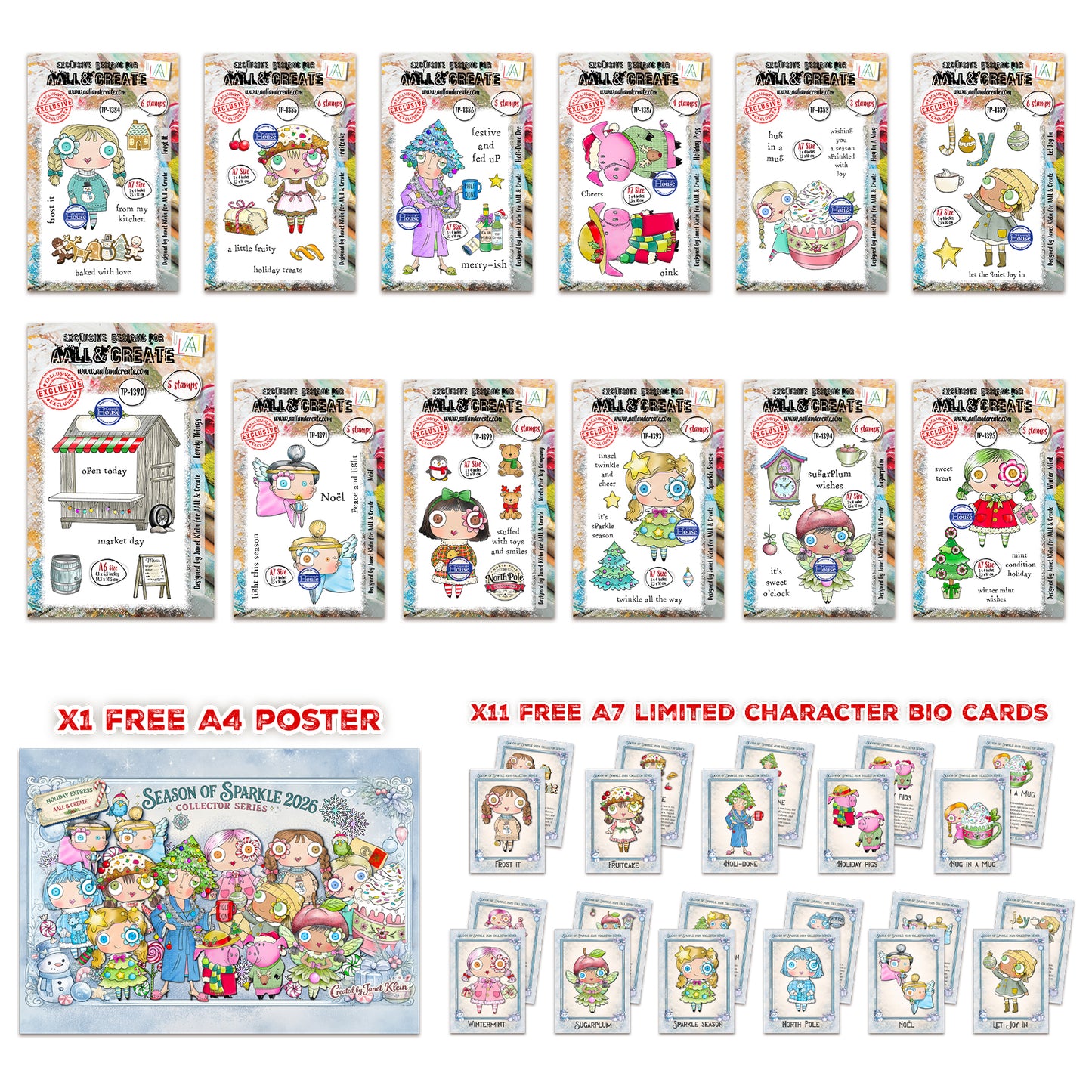 Janet Klein Season Of Sparkle Stamps Bundle + Free Poster & Bio Cards