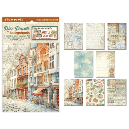 Stamperia Art of Travelling A6 Rice Paper Backgrounds (8pcs)